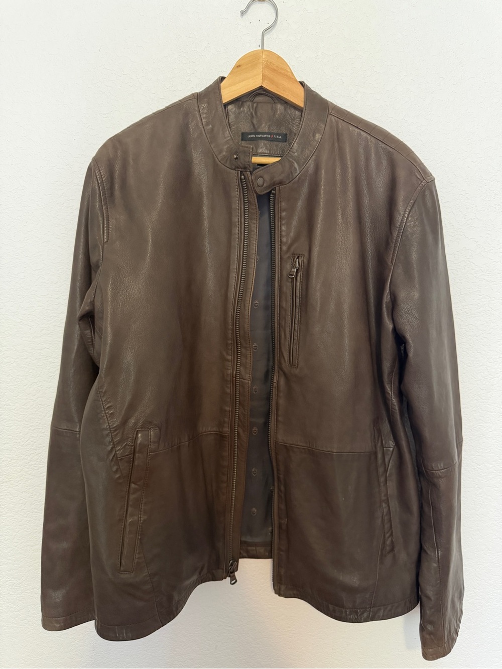 John Varvatos Men's Brown Leather Jacket Bomber Front Zip Size Large